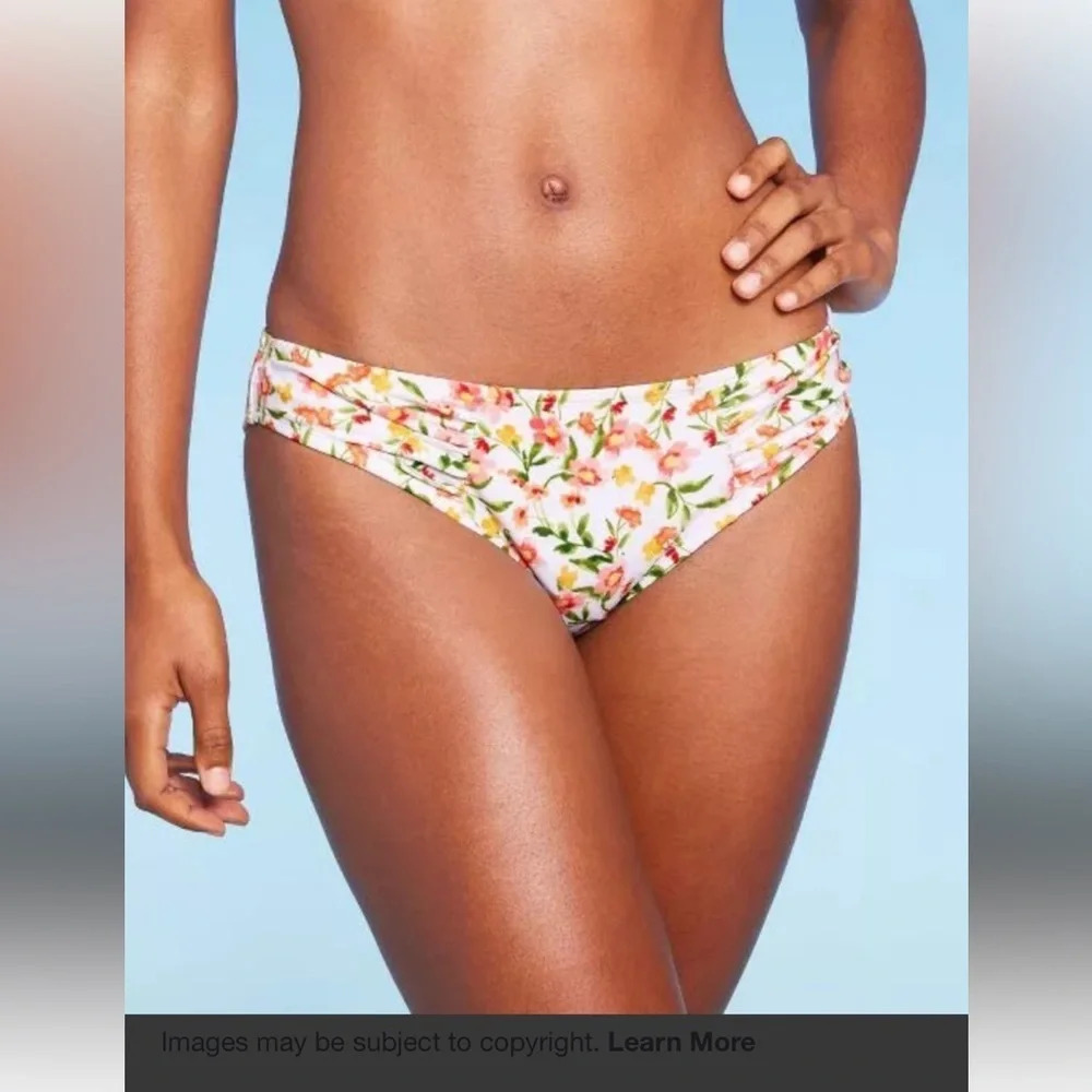 Shade&Shore, S,white w/floral background shirred sides hipster bikini bottom NEW